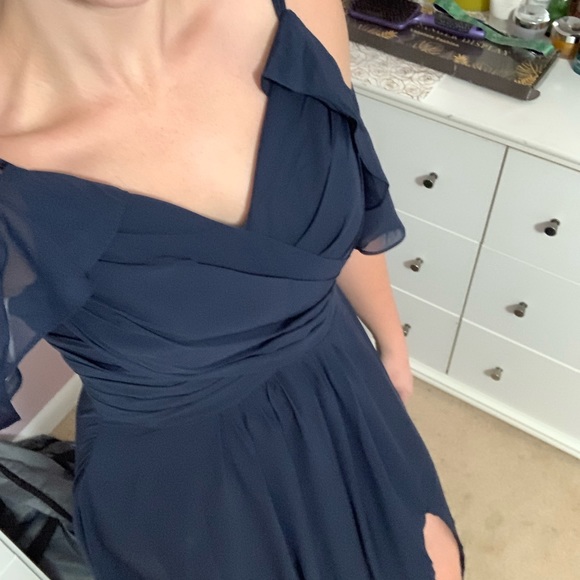 SHINDRESS Women's Off Shoulder, long, Chiffon - Navy Bridesmaid Dress with slit - Picture 2 of 3